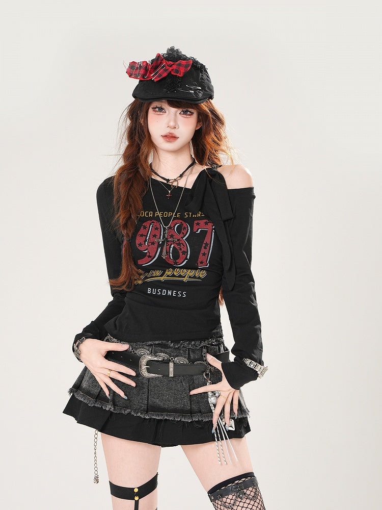 Vintage Number Print Blue/White/Black Asymmetrical Neckline Top