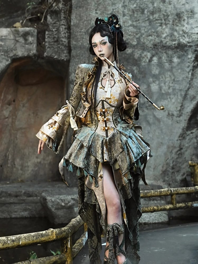 Chinoiserie Knot Buttons Boned Corset Tassels Hemline