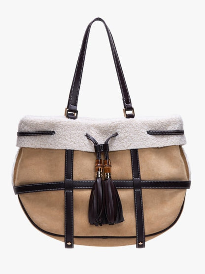 Plush Trim Brown Tote Bag With Vintage Bamboo Knot Accents - Large Capacity Shoulder Bag For Fall And Winter
