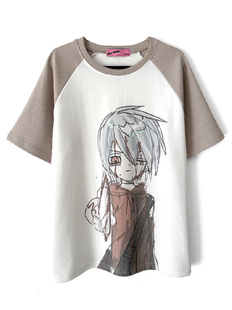 Cartoon Boy Print Khaki and White T-shirt