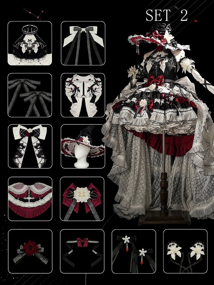 Black and Red Halter Neck Little Witch Lolita Backless Dress + High-low Skirt Full Set