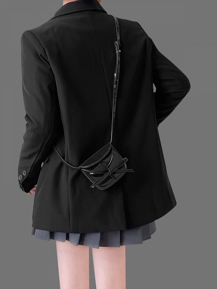 Chic Black Crossbody Card Holder With Glossy Finish And Bow Accent