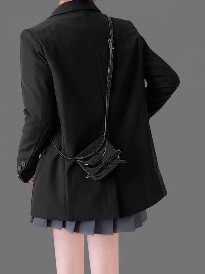 Chic Black Crossbody Card Holder With Glossy Finish And Bow Accent