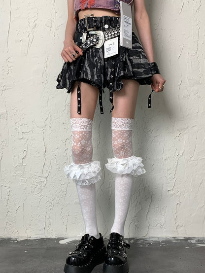 White Y2K Bittersweet Floral Pattern Lace Trim Overknee Stockings