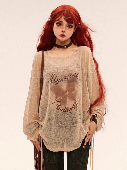 Vintage Butterfly Print Khaki Round Neck Semi-sheer Coverup