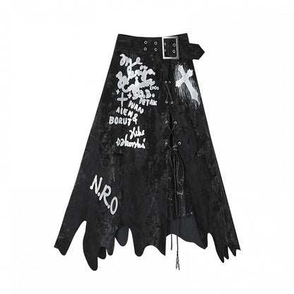 Black/White Asymmetrical Hem Lace-up Detail Skirt with Lace Patches