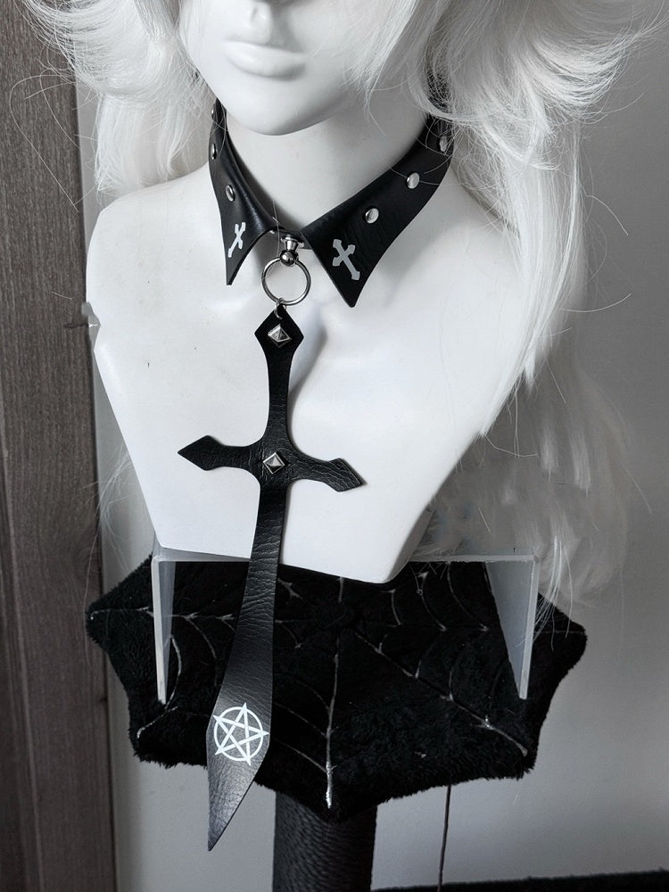 Punk Black/Red Pentacle Cross Charm Studded Necktie