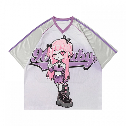 Vintage Cartoon Girl Print Black/Blue/Purple V-neck Loose T-shirt