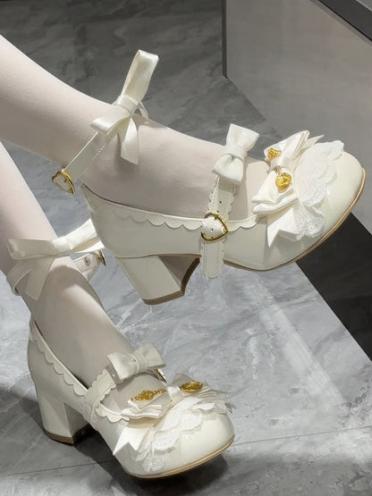 Clearance-Size 39 Sweet Lolita Beige Scoop Decorated Bowknot Details Round-Toe High Block Heels Mary Janes