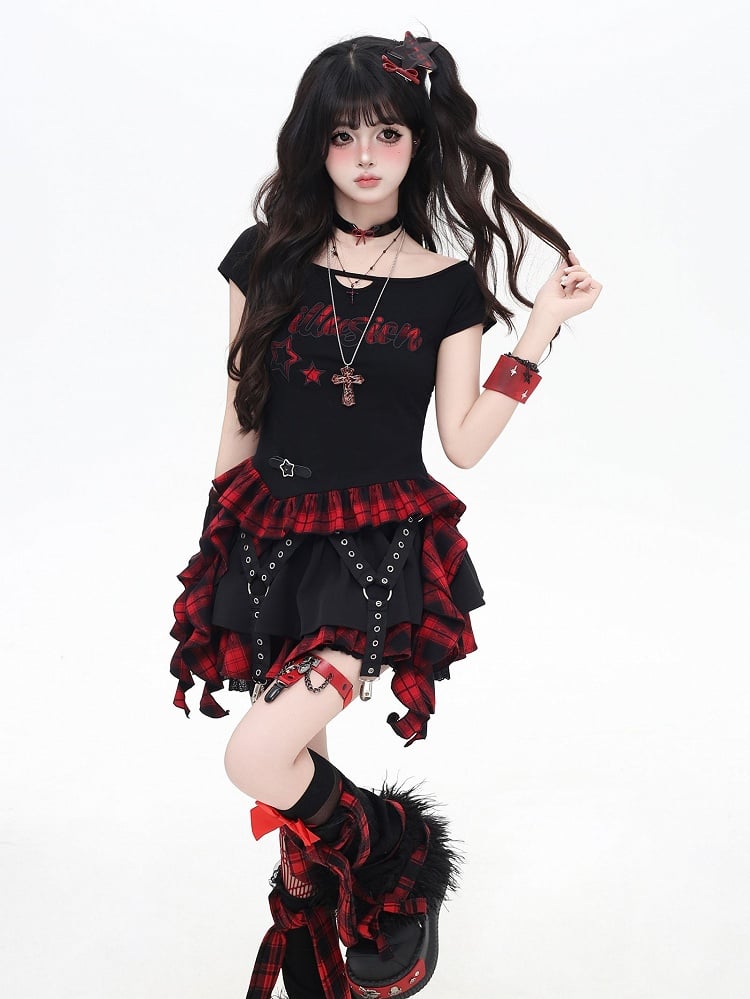 Red and Black Plaid Cascading Ruffle Accents Star and Letter Appliques T-shirt