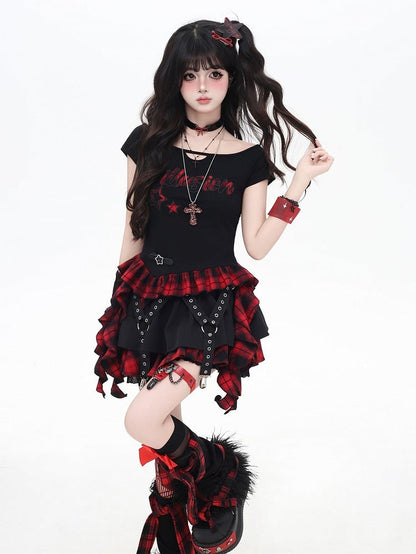 Red and Black Plaid Cascading Ruffle Accents Star and Letter Appliques T-shirt