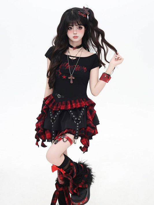 Red and Black Plaid Cascading Ruffle Accents Star and Letter Appliques T-shirt