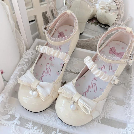 Apricot Bowknot Heart Buckle Strap Lace Details Block Heel Lolita Mary Janes
