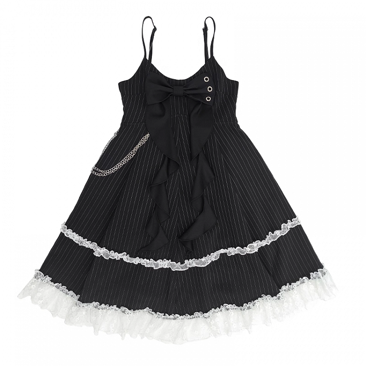 Big Bow Neckline Black Striped Cami Dress Bubble Skirt with Detachable Waist Chain