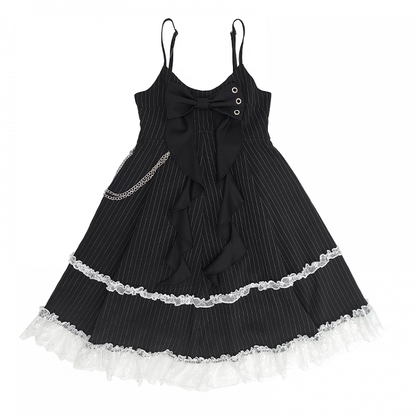 Big Bow Neckline Black Striped Cami Dress Bubble Skirt with Detachable Waist Chain