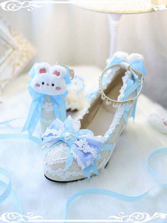 Blue Sweet Lolita Bow at Top Plush Bunny Decorated 8CM Block Heels Lolita Shoes