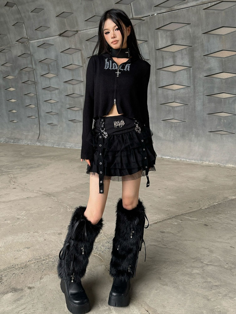 Black Punk Rock Zip Closure Knit Hooded Top