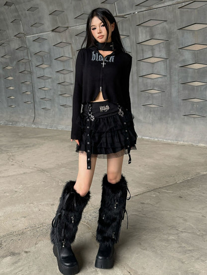 Black Punk Rock Zip Closure Knit Hooded Top