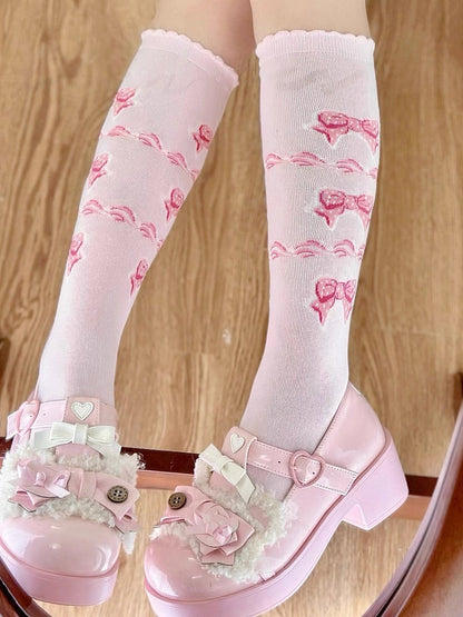 Pink Sweet Bowknot Pattern Lolita Calf Socks