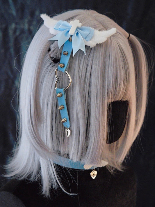 Moon/Heart Charm Blue and White Cross Bowknot Hairclip with Studs