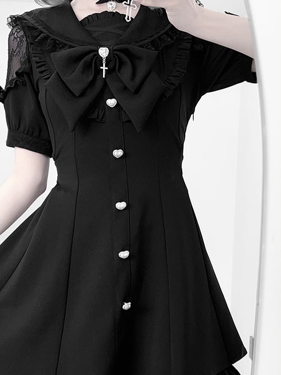 Black Jirai Kei Set - Sailer Collar Sweetheart Buttons Short Sleeves Top + Shorts + Bow Tie