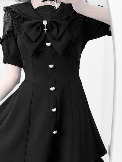 Black Jirai Kei Set - Sailer Collar Sweetheart Buttons Short Sleeves Top + Shorts + Bow Tie