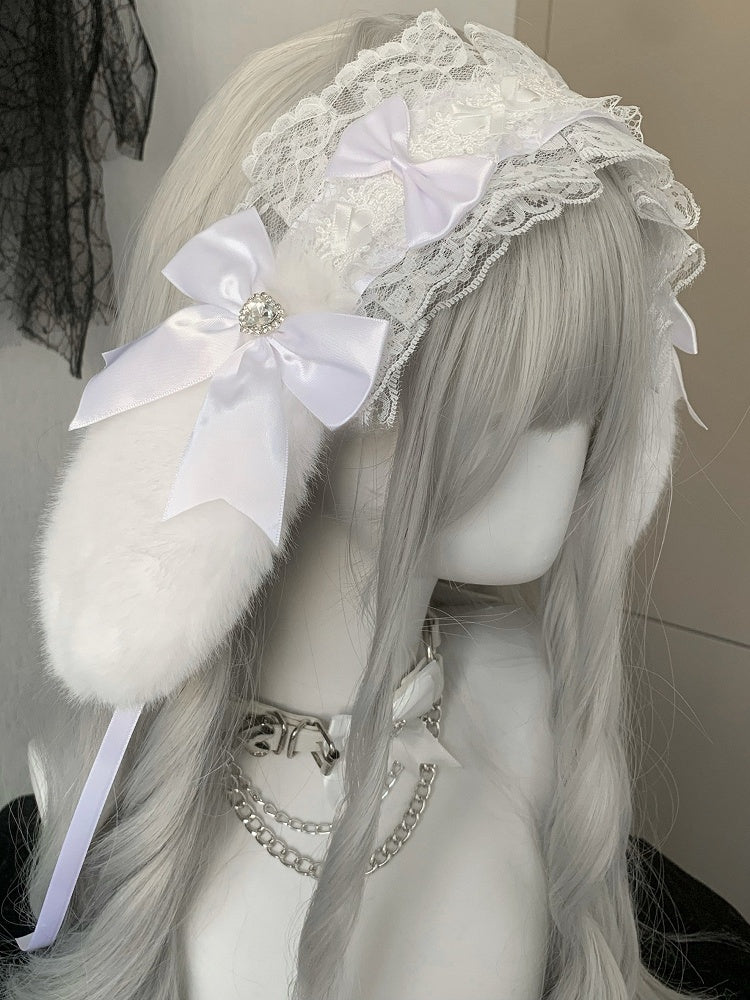 Black/White Rhinestone Heart Decorated Bowknot Details Ruffled Plush Bunny Ear Hairband