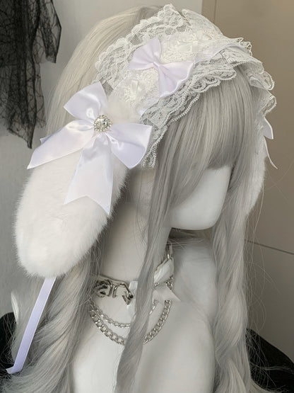 Black/White Rhinestone Heart Decorated Bowknot Details Ruffled Plush Bunny Ear Hairband