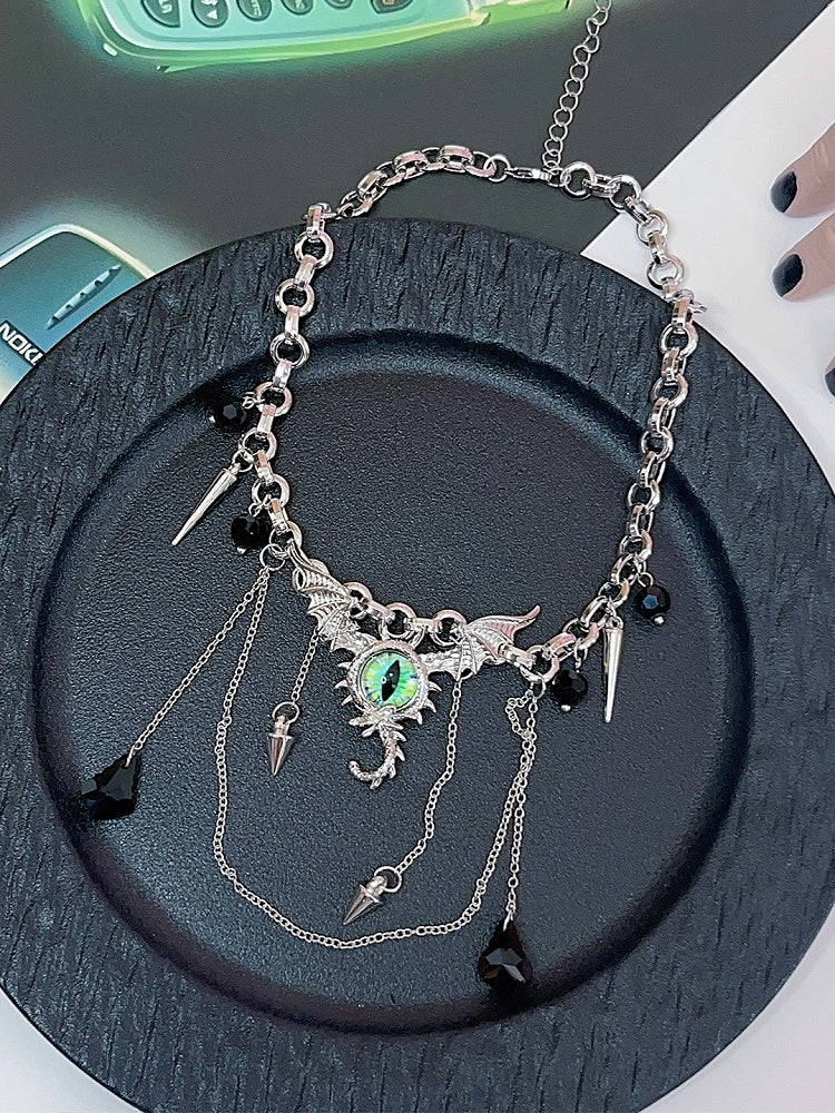 Silver Y2K Punk Evil Eye Necklace With Black Rhinestone Pendant