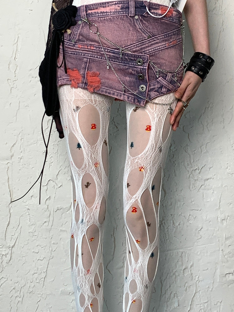White Y2K Christmas Print Design Tights
