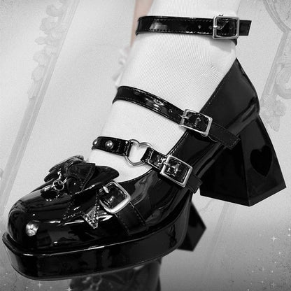 Gothic Wings Bow Black Heart Hollowed Block Heels Punk Shoes