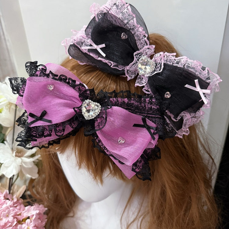 Black/Purple Rhinestone Decorated Lace Trim Bowknot Hairclip
