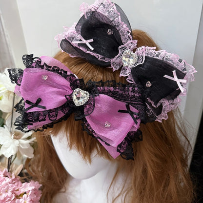 Black/Purple Rhinestone Decorated Lace Trim Bowknot Hairclip