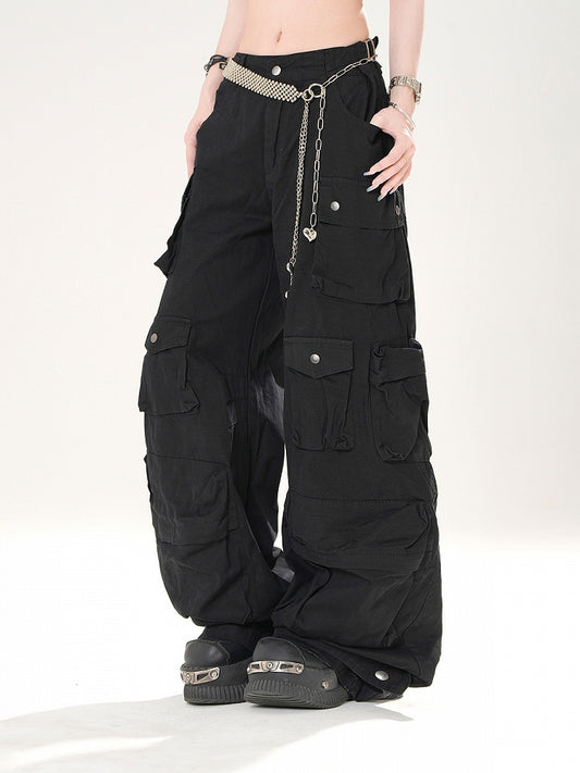 Black Low Waist Cargo Pockets Loose Wide-leg Pants