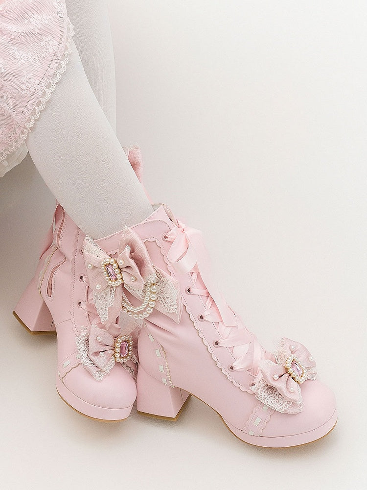 PU Pink Sweet Lolita Mid-Calf Boots - Crystal & Bead Decor Bow with Lace-Up & Inner Zip