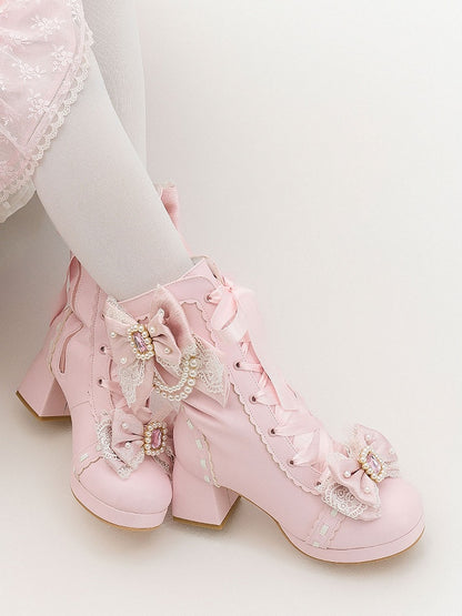 PU Pink Sweet Lolita Mid-Calf Boots - Crystal & Bead Decor Bow with Lace-Up & Inner Zip