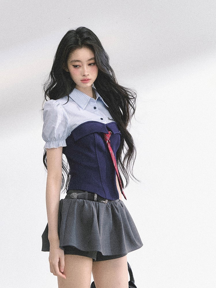 Gray & Pink / Navy Blue Striped T-shirt Faux Two-pieces with Free Tie