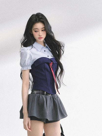 Gray & Pink / Navy Blue Striped T-shirt Faux Two-pieces with Free Tie