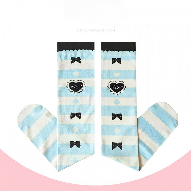 Blue & White Stripes Bow and Heart Print Over Knee Stockings
