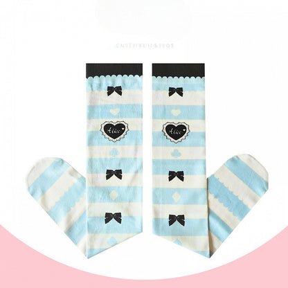 Blue & White Stripes Bow and Heart Print Over Knee Stockings