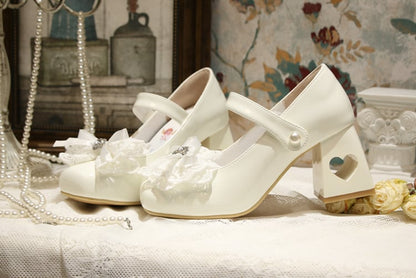 Heart-shaped Hollowed Heel White Elegant Mary Janes with Lace Bowknot Clips