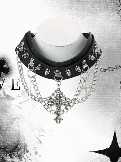 Black/White/Gray Studs Details Cross Charm Choker