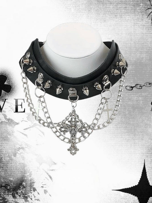 Black/White/Gray Studs Details Cross Charm Choker