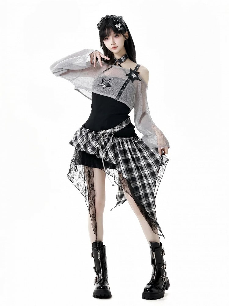 Black/Gray Star Strap Distressed Holes Punk Rock Hollow-Out Cropped Coverup