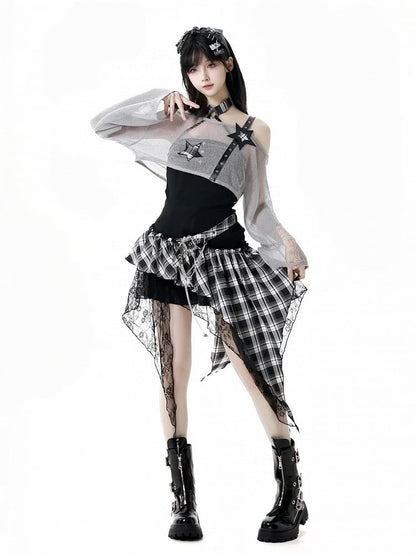 Black/Gray Star Strap Distressed Holes Punk Rock Hollow-Out Cropped Coverup