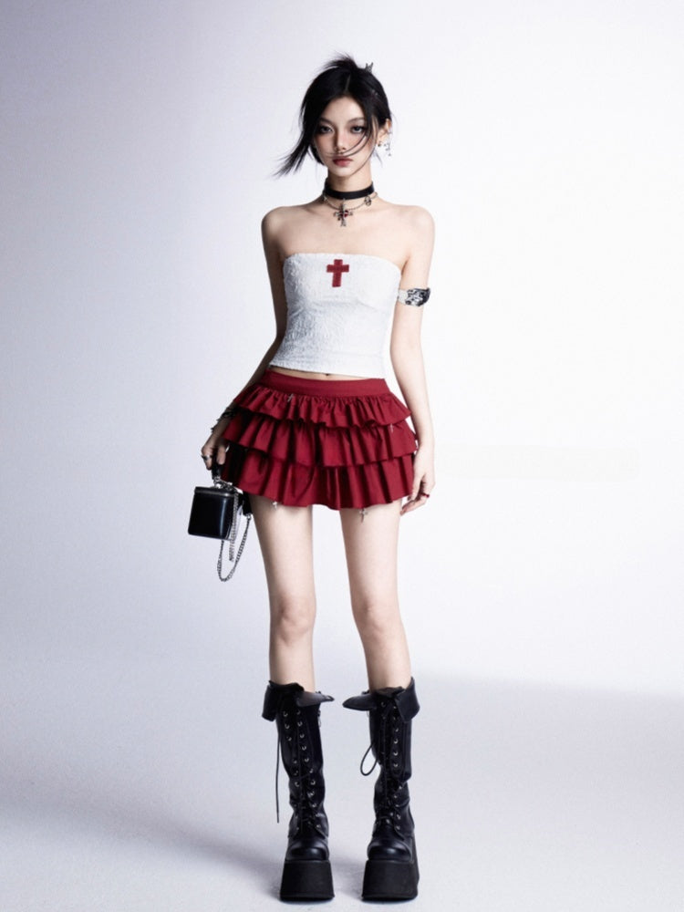 Gothic Red Cross Applique White Cropped Strapless Top/Red Cross Charms Tiered Skirt