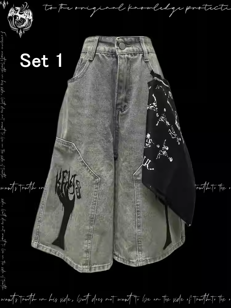 Light Blue Punk Distressed Wide-Leg Jeans