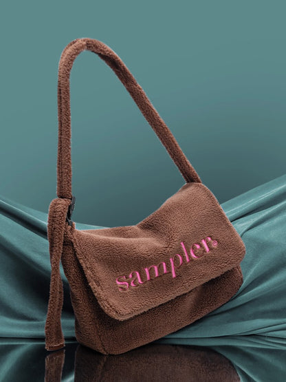 Brown Letter Embroidered Fuzzy Tote Bag With Adjustable Strap - Perfect For Fall And Winter