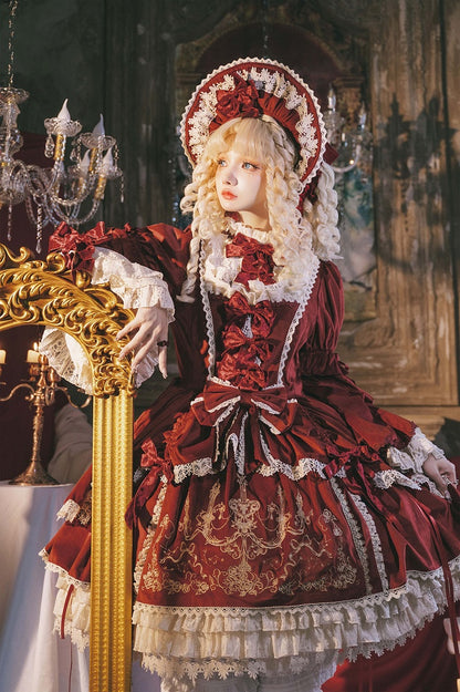 Candle and Candlestick Embroidery Red Bell Sleeves Velvet Dress Lolita OP / Set