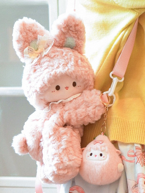Pink Rabbit Bowknot Lace Details Plush Backpack + Keychain